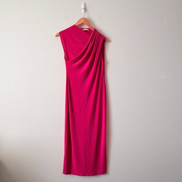 Zara Asymmetric Draped Detail Midi Dress Fushia Pink Size Small - Picture 4 of 7